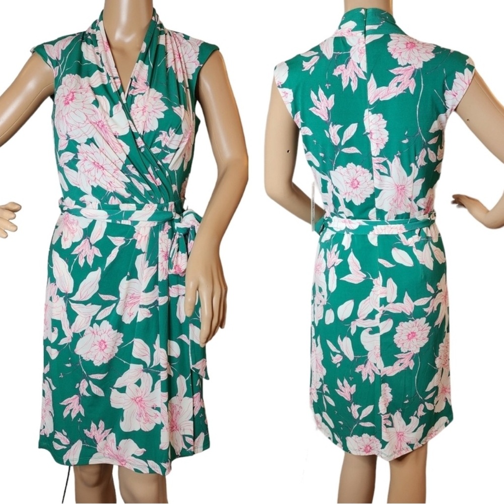 Eliza J Emerald Green Pink  Dress Sleeveless Floral Print Fit & Flare Size 10